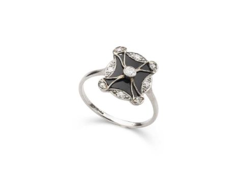 An Art Deco onyx and diamond ring the onyx panel with applied millegrain-set old and eight-cut diamond detail, to a plain ban