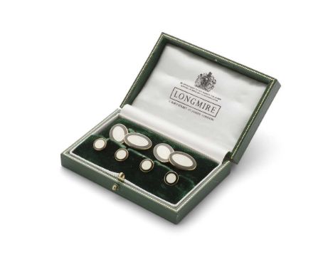 Longmire: An enamel dress set comprising a pair of cufflinks and four matching studs, each with white guilloche enamel in a b