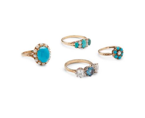 A collection of gem-set rings including a large 9ct gold turquoise and pearl cluster ring, together with another smaller exam