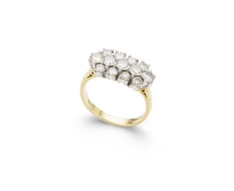 A diamond cluster ring claw-set with three rows of graduated round brilliant-cut diamonds, to a plain band, modelled in 18ct 