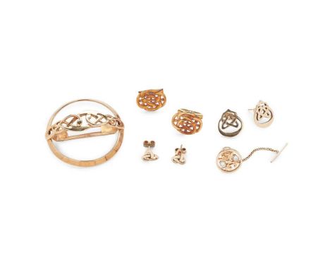 A collection of 9ct gold Celtic style jewellery including a pierced circular brooch, by Ola Gorie; a pair of pierced scrollin