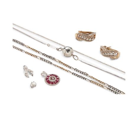 A collection of jewellery including an 18ct white gold ruby and diamond pendant; a pair of diamond earrings, stamped 10k; a b