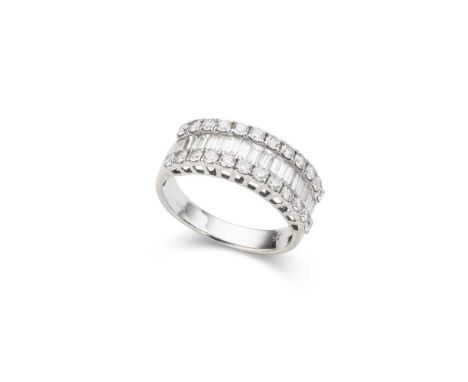 A diamond half-eternity ring channel-set with a row of baguette-cut diamonds between two rows of claw-set round brilliant-cut