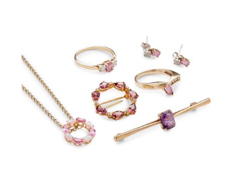 A collection of gem-set jewellery including an 18ct gold pink sapphire and diamond three-stone ring, a 9ct gold pink sapphire