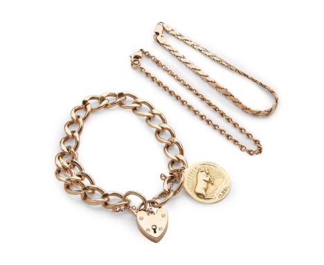 A collection of three bracelets including a 9ct gold curb-link bracelet, with a padlock clasp and a zodiac Aries charm; a rop