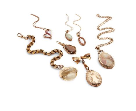 A collection of gem-set jewellery including a large hardstone pendant, to a 9ct gold belcher-link chain; a 9ct gold citrine-s