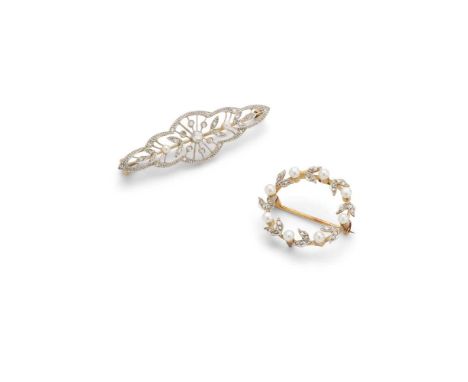 Two Belle Époque diamond and pearl brooches the first of circular outline with foliate detail set with rose-cut diamonds and 
