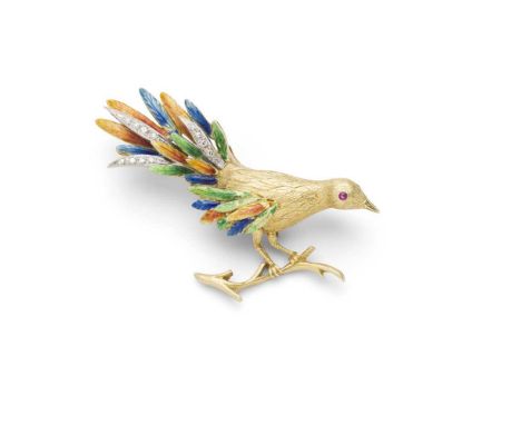 An enamel, diamond and ruby bird of paradise brooch naturalistically modelled, the tail feathers decorated with blue, green a