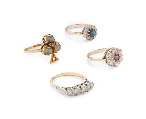 A collection of four gem-set rings including a 9ct gold sapphire and diamond cluster ring, a ruby and diamond ring, indistinc