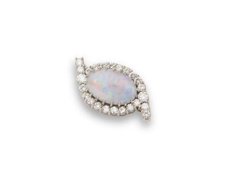 A black opal and diamond brooch claw-set with an oval cabochon black opal, in a border of graduated round brilliant-cut diamo