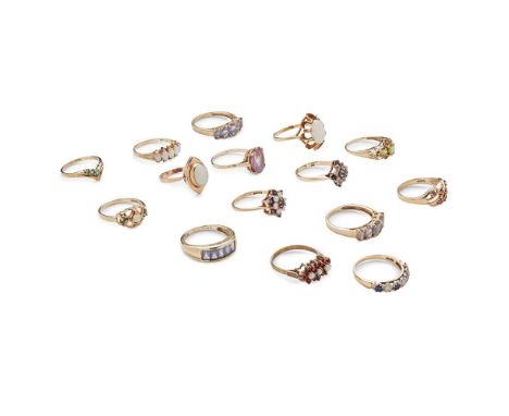 A collection of gem set rings including a 14ct gold sapphire and diamond half-eternity ring, twelve various 9ct gold and gem 