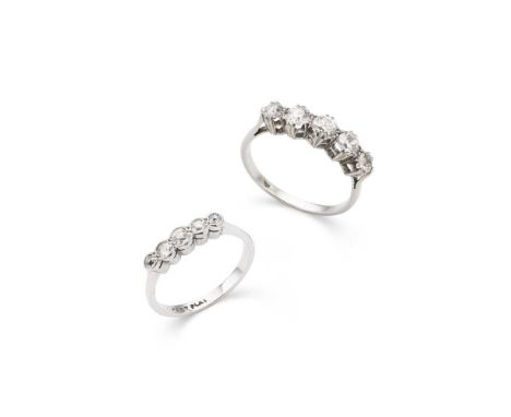 Two diamond rings the first claw-set with five graduated old-cut diamonds, to a plain band, unmarked; the second millegrain-s