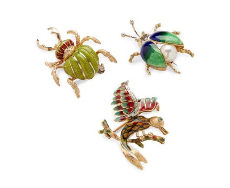 A collection of novelty brooches the first modelled as a bird of paradise with enamel decoration, eight-cut diamond detail an