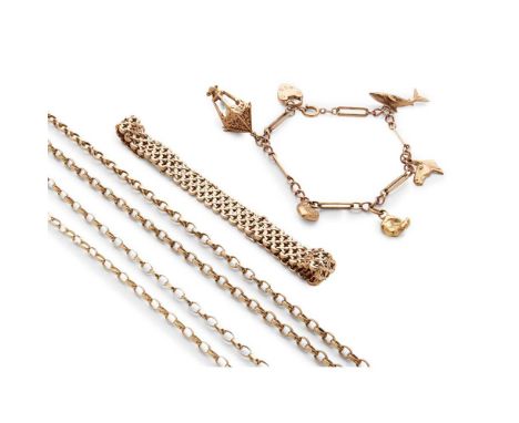 A collection of jewellery including a 9ct gold fancy-link bracelet, a 9ct gold charm bracelet and two 9ct gold belcher-link c