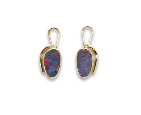 A pair of opal and diamond earrings each collet-set with an oval black opal, a single round brilliant-cut diamond detail, to 