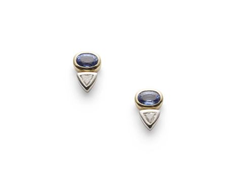 A pair of sapphire and diamond earrings each collet-set with an oval-cut sapphire and a triangular-cut diamond, to post and b