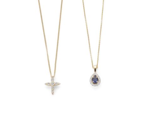 Two gem-set pendant necklaces the first claw-set with a pear-shaped sapphire in a border of round brilliant-cut diamonds, mod