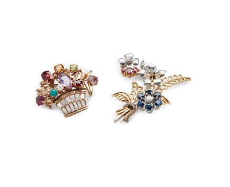 Two multi-gem set floral brooches the first of giardinetto design, claw-set with various amethysts, garnets, citrines, perido