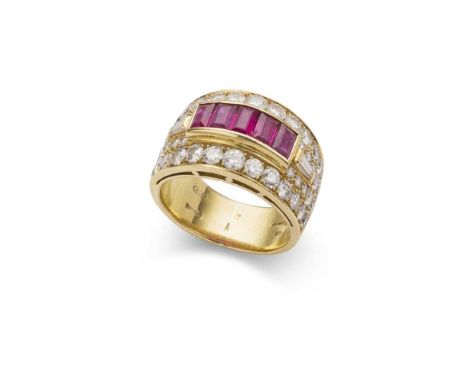 A ruby and diamond dress ring channel-set with five baguette-cut rubies, in a pavé-set round brilliant-cut diamond surround, 