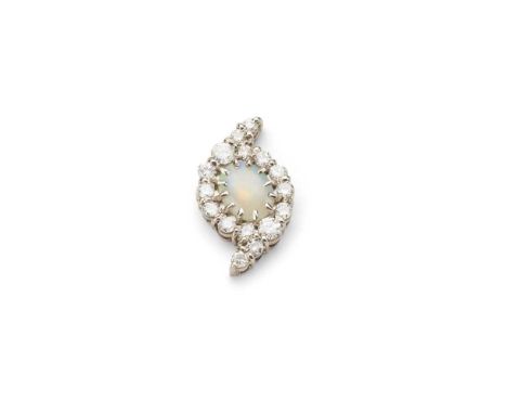 A single opal and diamond earring claw-set with an oval opal cabochon, in a border of graduated round brilliant-cut diamonds,