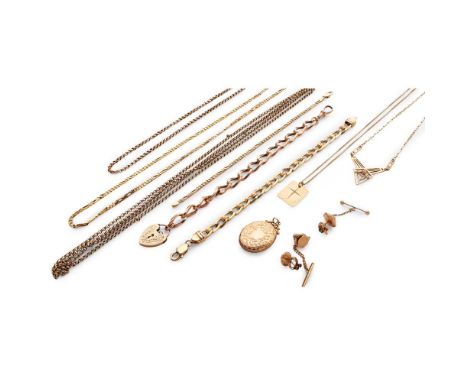 A collection of gold and gem-set jewellery including a 9ct gold curb-link bracelet and padlock clasp, a 9ct gold Figaro-link 