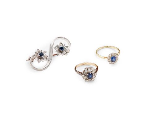 A collection of sapphire and diamond jewellery including a sapphire and diamond cluster ring, unmarked; a baguette and round 