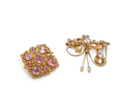Two 19th-century chrysoberyl and pink topaz brooches the first of scrolling design with pendant swag detail, set throughout w
