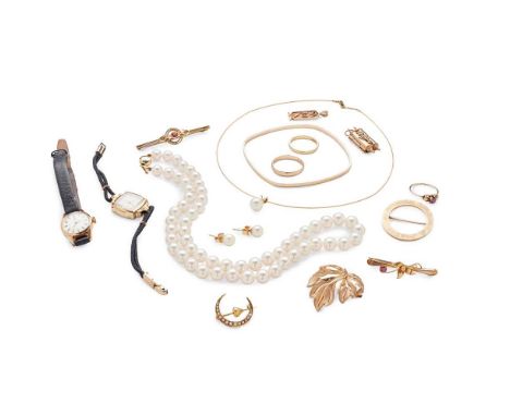 A collection of gem-set jewellery including a cultured pearl necklace and matching stud earrings; a 9ct gold bangle, an 18ct 