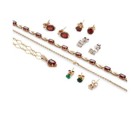 A collection of gem-set jewellery including a garnet bracelet, stamped 375; a 9ct gold garnet pendant to a fancy link chain, 