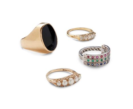 A collection of gem-set rings including a five-stone pearl ring, modelled in 9ct gold; a five-stone diamond ring, unmarked; a