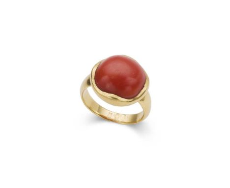 Y A coral ring collet-set with a cabochon coral, to a plain band, modelled in 18ct goldDimensions:Ring size: NNote: Note: Ple