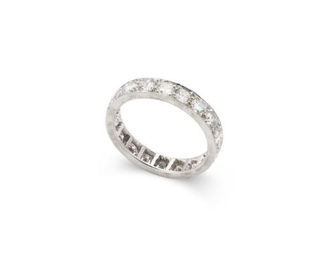 A diamond eternity ring claw-set with a row of eighteen old round-cut diamonds, to a plain band, unmarkedDimensions:Ring size