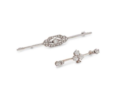 Two diamond bar brooches the first set with a central cluster of old round-cut diamonds, eight-cut diamond detail and an old 