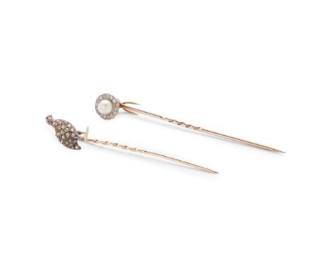 Two gem-set tie pins the first modelled as a grouse, pavé-set set with rose-cut diamonds, unmarked; together with another, se