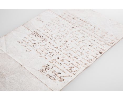 LATE 16TH CENTURY POLITICAL INTEREST LETTER
signed by Sir Richard Warde (died 1578) and Sir Roger Wilbraham (1553 - 1616), it