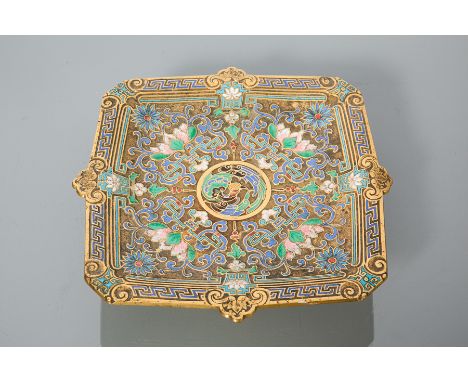 ELKINGTON &amp; CO GILTMETAL AND CHAMPLEVE ENAMEL SQUARE SHAPED SHALLOW STEMMED DISHpattern no 1404 stamped to oval seal to r