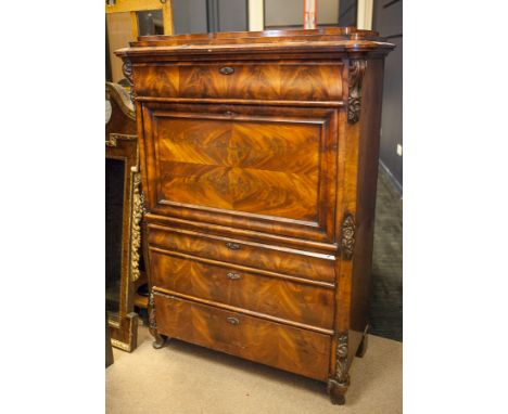 19TH CENTURY CONTINENTAL INFLUENCE MAHOGANY SECRÉTAIRE À ABATTANT
top frieze drawer over a quarter flame mahogany veneered fa