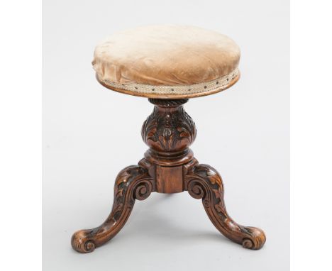 VICTORIAN WALNUT REVOLVING PIANO STOOL
with upholstered seat, on tripod legs, 33cm diameter 