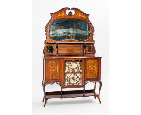 ATTRACTIVE EDWARDIAN MAHOGANY MIRROR-BACKED DISPLAY CABINET OF ROCOCO DESIGN
the raised back with a swan neck pediment with t