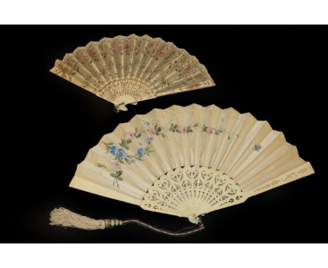 Three Fans: The first, circa 1890's, a large painted fan with double paper leaf, a restful scene of a courting couple seated 