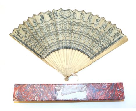 The New Caricature Dance Fan for 1799: a slender bone fan, the double paper leaf plain cream to the verso. The recto is print
