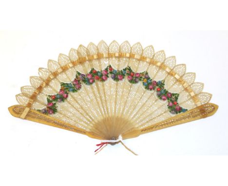 A Circa 1830's Very Pale Horn Brisé Fan with barrel head, the monture carved and pierced in decorated bands, the tips pointed