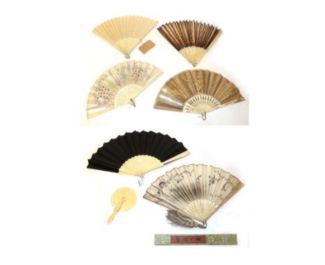 A Group of Late 18th/19th and Early 20th Century Folding Fans plus one small cockade, the latter folding down to secure the s