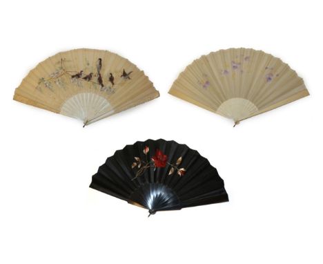 Three Large Fans, circa 1890's/1900, comprising a cream gauze fan painted with lilac many-petalled flowers and yellow blossom