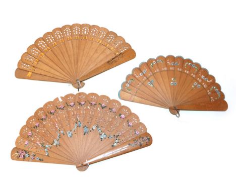 Three Wood Brisé Fans, 19th century to early 20th century, the first with 14 inner sticks and two guards, the stick tips pier