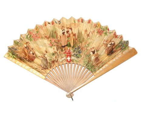 A Large Folding Printed Paper Fan Relating to Swiss Cantons, circa 1890's, with the motto "Einer fur Alle, Alle fur Einer" an