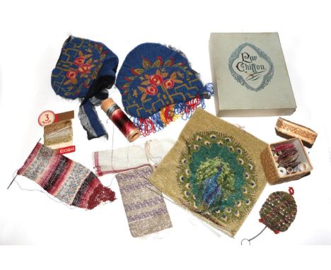 A Box of Beadwork/Work in Progress, mainly from the 19th century, containing a small early 19th century crochet bag, with 2 g