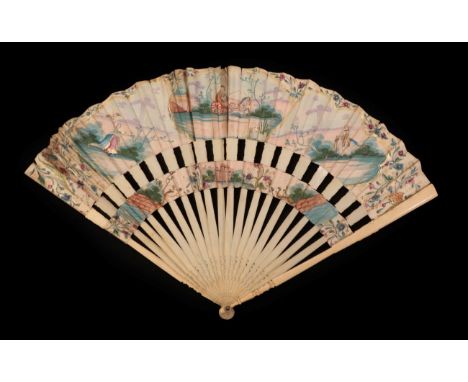 A Pretty Mid-18th Century Cabriolet Fan, the slender monture plain ivory, the gorge and mid-leaf panel shaped to show the car