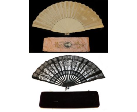 Two Large, Late 19th Century Lace Fans, the first with a plain bone monture supporting a cream satin leaf, surmounted with a 