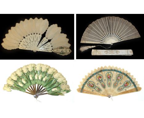 Four Fans, 19th to 20th Century, comprising a c.1830's horn brisé with pointed tips, carved and pierced, the sticks painted r